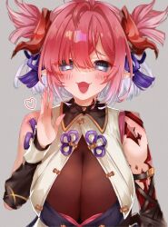  absurdres asymmetrical_clothes blue_eyes breasts chichiri coat draph female gradient_hair granblue_fantasy hair_ornament highres horns huge_breasts large_breasts looking_at_viewer multicolored_hair open_mouth pink_hair pointy_ears red_horns rin_trow short_hair sleeveless sleeveless_coat smile solo tassel tassel_hair_ornament 