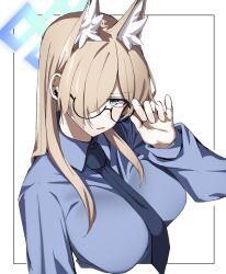  absurdres adjusting_eyewear animal_ear_fluff animal_ears bespectacled blonde_hair blue_archive blue_eyes blue_necktie blue_shirt blush breasts collared_shirt dog_ears dog_girl female glasses gunpuu hair_over_one_eye halo highres kanna_(blue_archive) large_breasts long_hair looking_at_viewer necktie shirt solo white_background 