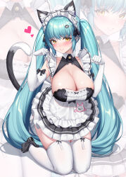  absurdres alternate_costume animal_ear_fluff animal_ears apron aqua_hair bell black_bow black_dress black_footwear black_ribbon blush bow breasts cat_ears cat_girl cat_tail closed_mouth commentary_request dot_nose dress elbow_gloves enmaided female frilled_apron frilled_dress frilled_headwear frilled_sleeves frills full_body gaosu_gong_lu gloves goddess_of_victory:_nikke hair_intakes hair_ornament hair_ribbon hairclip heart highres jingle_bell kneeling lace large_breasts legs_together lipstick long_hair looking_at_viewer maid maid_apron makeup official_alternate_costume parted_lips paw_pose privaty_(nikke) privaty_(unkind_maid)_(nikke) red_lips ribbon shadow solo tail tail_raised teeth thighhighs thighs twintails very_long_hair white_apron white_gloves white_thighhighs yellow_eyes zoom_layer 