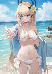  absurdres bare_shoulders bikini blonde_hair blue_archive blue_eyes blue_jacket blush breasts commentary female flower hair_flower hair_ornament halo headset highres jacket large_breasts looking_at_viewer navel off_shoulder open_clothes open_jacket outdoors saibashi_(develop_komono) solo swimsuit toki_(blue_archive) v wet_bikini white_bikini 