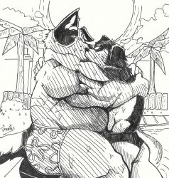  anthro ass australian_cattle_dog barazoku belly black_and_white bluey_(series) canid canine canis cattledog clothing domestic_dog duo fur herding_dog hi_res hug hugging_another kiss_on_lips kissing male male/male mammal monochrome musclegut muscular muscular_anthro muscular_male pastoral_dog pinumontbalou pool romantic romantic_couple stripe_heeler swimming_pool swimwear tail 