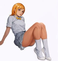  bow bowtie brown_eyes female grey_skirt heyy_vivii highres miniskirt nami_(one_piece) one_piece orange_hair shirt simple_background skirt socks solo white_background white_shirt white_socks yellow_bow yellow_bowtie 