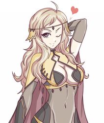  1girls belly_button blonde_hair breasts cleavage cleavage_cutout female female_only fire_emblem fire_emblem_fates grey_eyes hand_behind_head hayato_stuff heart long_hair medium_breasts ophelia_(fire_emblem) see-through smile teenager wink 