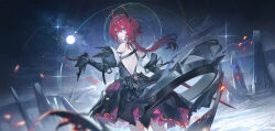  arknights arknights:_endfield back backless_dress backless_outfit bare_shoulders black_dress black_gloves black_horns commentary_request detached_sleeves dress echj embers female gloves hair_intakes hand_up highres holding holding_sword holding_weapon horns laevatain_(arknights) long_hair looking_at_viewer looking_back median_furrow night outdoors red_hair sky solo star_(sky) starry_sky surtr_(arknights) sword weapon 