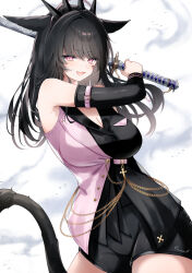  absurdres animal_ears arm_belt bare_shoulders black_hair black_shirt black_shoes black_sleeves breasts cat_ears cat_girl cat_tail cleavage commentary_request commission cowboy_shot detached_sleeves facial_mark female final_fantasy final_fantasy_xiv highres holding holding_sword holding_weapon katana large_breasts long_hair looking_at_viewer miqo'te open_mouth pink_eyes pink_shirt sana_(sanamaru_0w0) shirt shoes signature skeb_commission sleeveless sleeveless_shirt smile solo spiked_tiara star_(symbol) star_facial_mark sword tail two-tone_shirt warrior_of_light_(ff14) weapon 