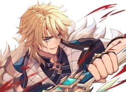  1boy aqua_eyes arm_up black_gloves black_shirt blonde_hair blood blood_on_face collared_shirt commentary_request fingerless_gloves genshin_impact gest_of_the_mighty_wolf_(genshin_impact) gloves hair_behind_ear highres holding holding_sword holding_weapon jacket male_focus marekamico medium_hair parted_hair shirt simple_background solo sword varka_(genshin_impact) weapon white_background white_fur 