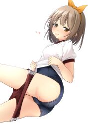  :q ass blue_one-piece_swimsuit blush bow bow_hairband breasts brown_eyes brown_hair buruma buruma_pull closed_mouth clothes_pull commentary_request female gym_shirt gym_uniform hairband hairbow heart highres one-piece_swimsuit orange_bow orange_hairband original puffy_short_sleeves puffy_sleeves red_buruma school_swimsuit shibacha shirt short_sleeves simple_background small_breasts solo swimsuit swimsuit_under_clothes tongue tongue_out white_background white_shirt 