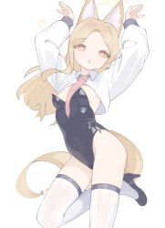  :o absurdres animal_ear_fluff animal_ears black_leotard black_shoes blonde_hair blue_archive breasts commentary_request covered_navel female fox_ears gman_(gsdeman) groin halo high_heels highres leotard long_hair long_sleeves looking_at_viewer necktie orange_eyes pink_necktie playboy_bunny rabbit_pose seia_(blue_archive) shoes shrug_(clothing) small_breasts solo thighhighs thighs white_shrug white_thighhighs yellow_halo 