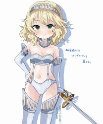  alternate_costume armor bare_shoulders bikini_armor blonde_hair blush breasts check_translation closed_mouth collarbone cowboy_shot dot_nose double-parted_bangs drop_shadow elbow_gloves female gloves green_eyes grey_gloves grey_thighhighs hair_between_eyes hairband highres holding holding_sword holding_weapon idolmaster idolmaster_cinderella_girls looking_at_viewer navel remiri_nicoeli sakurai_momoka short_hair simple_background small_breasts smile solo sword thighhighs translation_request twitter_username weapon white_background 