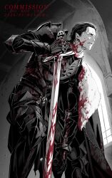  1boy agravain_(fate) arm_at_side black_hair bleeding blood blood_on_armor blood_on_clothes blood_on_neck blood_on_weapon cape chiamo_(lmc_clm) commentary commission dated fate/grand_order fate_(series) fur-trimmed_cape fur-trimmed_collar fur_trim gauntlets highres holding holding_sword holding_weapon hunched_over injury looking_ahead male_focus short_hair side_cape solo sweat sword weapon window 
