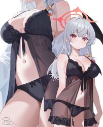  absurdres babydoll black_babydoll black_panties black_wings blue_archive braid demon_wings fake_wings female halo haruna_(blue_archive) hashtag-only_commentary highres lace-trimmed_babydoll lace-trimmed_panties lace_trim long_hair navel panties piercing red_halo royalbunny003 side_braid signature single_wing solo underwear white_background white_hair wing_piercing wings zoom_layer 