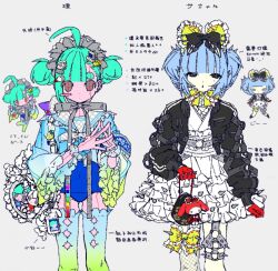  2girls ahoge animal_charm aqua_hair arm_at_side arm_belt asymmetrical_bangs badge bag_charm bear_charm belt black_bow black_eyes black_jacket blue_one-piece_swimsuit blue_shirt blue_thighhighs blunt_bangs bomber_jacket bow bow_legwear bow_print character_charm character_doll charm_(object) checkered_bag checkered_bow checkered_clothes checkered_collar chibi chibi_inset chinstrap colored_skin commentary cowboy_shot cropped_jacket cropped_shirt doll double_bun double_vertical_stripe dress ear_piercing emoticon english_commentary fashion fashion_style_request fishnet_thighhighs fishnets frilled_bag frilled_bow frilled_dress frilled_kimono frilled_sailor_collar frilled_sash frilled_wrist_cuffs frills garter_straps gloves gradient_clothes gradient_shirt gradient_thighhighs green_bow green_shirt green_thighhighs grey_belt grey_bow grey_headdress hair_bun hairbow half_gloves hand_hair_ornament heart-shaped_bag high_belt highres holding_kinchaku huge_ahoge inward_flipped_hair itabag jacket jaggy_lines japanese_clothes kaomoji kimono kimono_dress kinchaku layered_dress looking_at_viewer mole mole_under_eye multicolored_thighhighs multiple_girls my_melody o-ring o-ring_belt o-ring_garter_straps one-piece_swimsuit open_clothes open_jacket original own_hands_together phone_hair_ornament piercing pink_skin pixelated pointing_out_the_details pouch print_bag rabbit_charm red_eyes red_gloves ribbon-trimmed_bow ribbon_trim sailor_collar sash shirt shirt_bow short_hair sidelocks single_sidelock single_thighhigh spiked_bow spiked_dress spiked_ear_piercing spiked_gloves spiked_hair_ornament spiked_thigh_strap spot_color striped_clothes striped_jacket striped_shirt susushi_11 swimsuit swimsuit_under_clothes thighhighs too_many too_many_belts too_many_charms twintails two-tone_bow two-tone_collar two-tone_headdress two-tone_shirt two-tone_thighhighs vertical-striped_clothes vertical-striped_jacket vertical-striped_shirt white_bag white_bow white_dress white_headdress wide_sleeves wrist_cuffs yellow_skin 