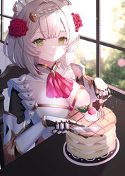  absurdres armor armored_dress ascot braid breasts commentary female flower food fork gauntlets genshin_impact green_eyes grey_hair hair_flower hair_ornament highres knife light_blush looking_at_viewer maid_headdress mochi_mochi052 noelle_(genshin_impact) pancake plate red_ascot smile solo window 