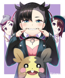  1boy 2girls aqua_eyes asymmetrical_bangs asymmetrical_hair beanie black_choker black_hair black_jacket black_nails blush breasts brown_eyes brown_hair choker commentary_request dress earrings fingersmile gloria_(pokemon) green_headwear hair_ribbon hat highres jacket jewelry long_sleeves looking_at_viewer marnie_(pokemon) medium_hair morpeko morpeko_(full) multiple_girls open_clothes pink_dress pokemon pokemon_(creature) pokemon_swsh red_ribbon ribbon short_hair small_breasts smile tam_o&#039;_shanter thumbs_up tokumaro twintails victor_(pokemon) 