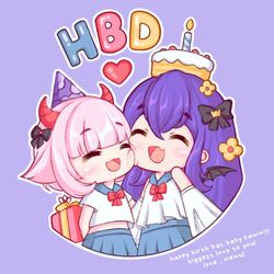  2girls ^_^ bat_girl bat_wings black_bow blue_skirt bow chibi closed_eyes english_commentary english_text flower gift hair_behind_ear hair_flower hair_ornament hairbow happy_birthday matsuro_meru matsuro_meru_(artist) multiple_girls oerba_yun_fang open_mouth pink_hair purple_background purple_hair school_uniform serafuku skin_fang skirt smile tsunderia virtual_youtuber wings yazaki_kallin yellow_flower 