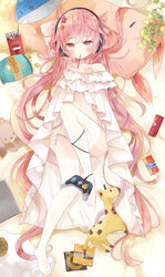  absurdres arm_behind_head arm_up bad_id bad_pixiv_id bag_of_chips bare_shoulders bed_sheet blush chips_(food) closed_mouth collarbone commentary_request controller female food food_in_mouth full_body game_controller hair_ornament headphones highres knee_up lace-trimmed_legwear lace_trim long_hair looking_at_viewer low_twintails lying no_shoes on_back original panties pink_hair pocky potato_chips red_eyes short_eyebrows side-tie_panties solo star_(symbol) star_hair_ornament strapless stuffed_animal stuffed_giraffe stuffed_rabbit stuffed_sheep stuffed_toy thick_eyebrows thighhighs tsukiyo_(skymint) twintails underwear very_long_hair white_panties white_thighhighs 