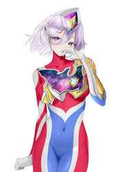  absurdres blue_bodysuit bodysuit breasts chinese_commentary clenched_hand covered_navel female flash_type_(ultraman) floating_hair genderswap_(mtf) gloves highres humanization looking_to_the_side medium_breasts multicolored_bodysuit multicolored_clothes purple_eyes purple_hair red_bodysuit rule_63 short_hair skin_tight solo ultra_series ultraman_decker ultraman_decker_(series) white_background white_gloves yi_(user_jwth4284) 