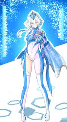  absurdres bad_id bad_pixiv_id blue_bodysuit blue_cape bodysuit cape covered_navel female genderswap_(mtf) grey_hair hand_on_own_thigh head_tilt highres humanization looking_at_viewer rule_63 short_hair_with_long_locks single_thighhigh skindentation solo space_print starry_sky_print t-hou thighhighs ultra_series ultraman_decker ultraman_decker_(series) 