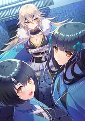  3girls armor black_hair blonde_hair bob_cut closed_mouth commentary crossed_arms detached_collar forehead_protector fur_trim hair_ornament haori hime_cut izumi-no-kami_kanesada_(tenka_hyakken) japanese_armor japanese_clothes kashuu_kiyomitsu_(tenka_hyakken) long_hair multiple_girls nagasone_kotetsu_(tenka_hyakken) okanoyuno open_mouth outdoors pleated_skirt shinsengumi short_hair skirt smile standing tenka_hyakken thighhighs turtleneck v-shaped_eyebrows yellow_eyes 