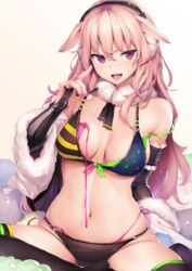  .live animal_ears asymmetrical_clothes bikini black_thighhighs blush bra breasts commentary_request earmuffs elbow_gloves fellatio_gesture female fingerless_gloves frills fur_trim gloves gradient_background groin hair_between_eyes highleg highleg_panties highres layered_bikini light_brown_hair long_hair looking_at_viewer medium_breasts mokota_mememe nail_polish navel open_mouth panties panty_straps partially_undressed pink_bra pink_nails pink_panties red_eyes sheep_ears sitting skindentation smile solo sweat swimsuit sy4 thick_eyebrows thighhighs underwear very_long_hair virtual_youtuber 