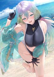  akita_hika aqua_eyes armpits black_gloves blush breasts commentary cupitan_(granblue_fantasy) cupitan_(summer)_(granblue_fantasy) female gloves gradient_hair granblue_fantasy green_hair hair_ornament hand_up highres large_breasts long_hair long_sleeves looking_at_viewer multicolored_hair navel ocean open_mouth outdoors see-through see-through_sleeves sideboob smile thigh_strap water 