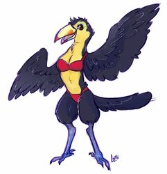  4_toes anisodactyl anthro avian beak bikini bird breasts clothing feathers feet female geckozen keel-billed_toucan looking_at_viewer non-mammal_breasts ramphastos scales semi-anthro simple_background solo swimwear tail tail_feathers toes toucan white_background winged_arms wings 