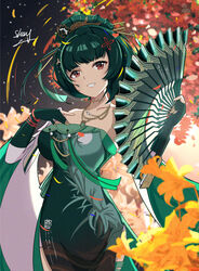  absurdres bare_shoulders brown_eyes china_dress chinese_clothes detached_sleeves dress elbow_gloves female fingerless_gloves flower gloves green_gloves green_hair hair_ornament hand_fan hanying:_zitherwoe_(punishing:_gray_raven) hanying_(punishing:_gray_raven) highres holding holding_fan jewelry medium_hair necklace open_mouth punishing:_gray_raven red_dress sidelocks signature strapless strapless_dress wide_sleeves xiao_shang_geigei 