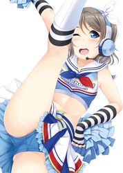  :d arm_up ascot black_gloves blue_ascot blue_eyes blue_panties blue_shirt blush cheerleader clothes_writing commentary cropped_shirt female fingerless_gloves gloves hair_ribbon headphones high_kick highres hino_minato_(spec.c) holding holding_pom_poms kicking kneehighs leg_lift light_brown_hair looking_at_viewer love_live! love_live!_school_idol_festival love_live!_sunshine!! medium_hair midriff miniskirt mouthpiece one_eye_closed open_mouth panties pleated_skirt pom_pom_(cheerleading) ribbon sailor_collar shirt simple_background skirt sleeveless sleeveless_shirt smile socks solo striped_clothes striped_gloves striped_socks takaramonozu tareme teeth thighs tongue two-tone_ascot underwear upper_teeth_only watanabe_you white_background white_footwear white_ribbon white_sailor_collar white_skirt 