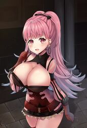  armpit_crease bad_id bad_pixiv_id bad_proportions bell blunt_bangs breasts bursting_breasts cleavage collarbone cross-laced_clothes dress earrings female fire_emblem fire_emblem:_three_houses gloves highres hilda_valentine_goneril hoop_earrings huge_breasts jewelry long_hair low_neckline open_mouth pink_eyes pink_hair ponytail red_gloves short_dress solo yui_(msy1302mana) 