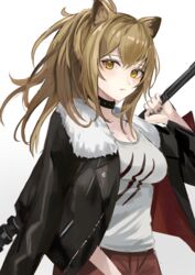  arknights azuazu_0405 black_jacket black_nails breasts brown_eyes brown_hair cleavage closed_mouth commentary_request female fur-trimmed_jacket fur_trim gradient_background grey_background hand_up highres holding jacket jacket_on_shoulders long_hair long_sleeves medium_breasts nail_polish red_shorts shirt shorts siege_(arknights) solo white_background white_shirt 