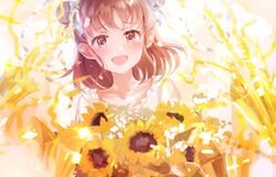  :d bad_id bad_twitter_id birthday blue_ribbon blush bouquet brown_eyes brown_hair collarbone double_bun female flower hair_bun hair_ribbon happy_tears heart heart_necklace idolmaster idolmaster_cinderella_girls jewelry looking_at_viewer medium_hair munakata_atsumi necklace omisoshiru open_mouth party_popper ribbon shirt smile solo streamers sunflower tearing_up tears upper_body white_shirt yellow_flower 