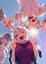  2boys 2girls animal_ears bad_id bad_twitter_id ban_hada bent_over black_choker blonde_hair blue_eyes blue_hair braid breasts choker collarbone fangs fox_ears fox_girl from_below frtheia grey_hair grey_jacket highres holding holding_own_hair jacket large_breasts looking_at_viewer luca_kaneshiro multiple_boys multiple_girls nijisanji nijisanji_en nijisanji_kr nina_kosaka one_eye_closed open_mouth purple_eyes red_sweater ribbed_sweater shirt smile sonny_brisko sweater twin_braids virtual_youtuber white_shirt 