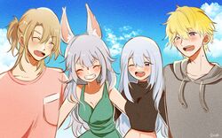  2boys 2girls ^_^ animal_ear_fluff animal_ears bad_id bad_twitter_id ban_hada black_sweater blonde_hair blue_eyes blue_hair blush closed_eyes collarbone crop_top des_(desoowee) dress english_commentary facial_mark forehead_mark fox_ears green_dress grey_hair grey_hoodie grin highres hood hoodie long_hair luca_kaneshiro midriff multiple_boys multiple_girls nijisanji nijisanji_en nijisanji_kr nina_kosaka one_eye_closed open_mouth outdoors pink_shirt shirt short_hair smile sonny_brisko sweater teeth virtual_youtuber 