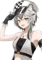  :d animal_ear_fluff animal_ears arknights arm_up azuazu_0405 bare_shoulders black_gloves breasts cabbie_hat checkered_clothes checkered_headwear cliffheart_(arknights) collarbone commentary_request female gloves grey_eyes grey_hair hair_between_eyes hand_on_headwear hat highres leopard_ears short_hair simple_background small_breasts smile solo upper_body white_background 