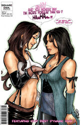  2girls annoyed arm_ribbon arm_warmers bare_shoulders black_hair black_skirt blue_cardigan breast_conscious breast_envy breast_press breasts brown_hair cardigan cedric_poulat cleavage comic_cover cover crop_top dangle_earrings doyagao earrings elbow_gloves elbow_pads english_commentary fake_cover final_fantasy final_fantasy_vii final_fantasy_viii fingerless_gloves flipped_hair gloves grabbing grabbing_another&#039;s_breast highres jewelry large_breasts long_hair looking_at_breasts low-tied_long_hair magazine_cover md5_mismatch midriff multiple_girls navel necklace open_mouth ribbon ring ring_necklace rinoa_heartilly shirt skirt sleeveless_duster smirk smug speech_bubble suspender_skirt suspenders suspenders_gap tank_top taut_clothes taut_shirt teardrop_earrings tifa_lockhart western_comics_(style) white_tank_top yuri 