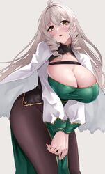  andrea_doria_(azur_lane) antenna_hair azur_lane blush breasts brown_eyes cleavage cleavage_cutout clothing_cutout dress drill_hair female green_dress hair_between_eyes highres large_breasts light_brown_hair long_hair long_sleeves looking_at_viewer open_mouth smile solo thighs twin_drills wee_(weeyy) 