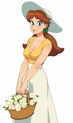  awawawaart basket blue_eyes breasts brown_hair cleavage closed_mouth collarbone commentary earrings english_commentary feet_out_of_frame female flower flower_earrings hat high-waist_skirt highres holding holding_basket jewelry lips long_hair long_skirt looking_at_viewer mario_(series) ponytail princess_daisy shirt shirt_tucked_in short_sleeves simple_background skirt smile solo standing sun_hat white_background white_flower white_hat white_skirt yellow_shirt 