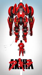  1boy absurdres akira_(manga) akira_movie_poster black_hair copyright_name from_above highres jacket kaneda_shoutarou&#039;s_bike kaneda_shoutarou_(akira) male_focus mecha mechanization movie_poster pants parody red_footwear red_jacket red_pants robot science_fiction siku199 standing title_parody 