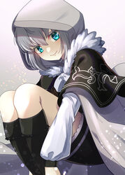  aqua_eyes black_cloak black_dress black_footwear blush boots breasts cloak dress fate_(series) female fur-trimmed_cloak fur_trim gray_(fate) grey_hair hood hooded_cloak knee_boots large_breasts long_hair long_sleeves looking_at_viewer lord_el-melloi_ii_case_files medium_breasts ryofuhiko sidelocks sitting smile solo 