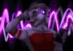  anthro cellphone claws closed_eyes detailed_background electronics fangs fur grey_body grey_fur headphones holding_object listening_to_music male mammal multicolored_body multicolored_fur open_mouth open_smile phone procyonid raccoon red_body red_fur smile solo tashalisets teeth tongue white_body white_fur 