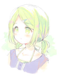  :o blush collarbone commentary_request cropped_torso female flower green_eyes green_hair hair_flower hair_ornament hairclip long_hair looking_away low_twintails meito_(maze) morinaka_kazaki morinaka_kazaki_(3rd_costume) nijisanji parted_bangs parted_lips purple_shirt shirt short_twintails sidelocks sleeveless sleeveless_shirt solo twintails upper_body virtual_youtuber white_flower 