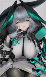  absurdres arknights breasts dress female fingerless_gloves gloves green_eyes green_nails grey_dress grey_gloves grey_hair head_wings highres ho&#039;olheyak_(arknights) large_breasts long_sleeves looking_at_viewer medium_hair nail_polish narrowed_eyes nido_celisius parted_lips seductive_smile smile solo spread_fingers tail wings 