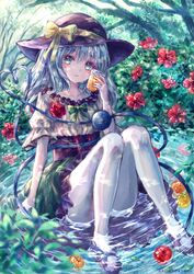  apple bad_id bad_twitter_id bow collar collarbone corset cup drink drinking_glass female flower food frilled_collar frills fruit fruit_on_liquid green_eyes green_hair green_skirt grey_hair hat hat_ribbon heart heart_of_string hibiscus highres holding holding_cup juice komeiji_koishi light_rays long_hair mary_janes orange_(fruit) outdoors partially_submerged ribbon ripples rose shoes sitting_on_water skirt smile solo sunbeam sunlight suzushina third_eye touhou tree water 