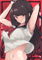  armpits arms_up black_hair breasts crop_top crop_top_overhang female highres holding kureha_(sound_voltex) large_breasts long_hair looking_at_viewer midriff mushpz navel neckerchief parted_lips red_background red_eyes sailor_collar school_uniform serafuku shirt solo sound_voltex stomach upper_body white_shirt 