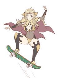  arms_up ass_visible_through_thighs bikini blonde_hair breasts cape cleavage cleavage_cutout clothing_cutout female fire_emblem fire_emblem_fates full_body grey_eyes hayato_stuff highres long_hair looking_down ollie_(skateboarding) ophelia_(fire_emblem) panties red_cape skateboard swimsuit toeless_footwear translucent two-tone_cape underwear white_background yellow_bikini yellow_cape yellow_panties 