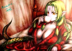  absurdres aiou_akahiko bad_id bad_twitter_id bed breasts cleavage commentary_request commission cup dated drinking echidna_(monster_girl_encyclopedia) female hair_tubes highres holding holding_cup inactive_account lamia large_breasts long_hair looking_to_the_side monster_girl monster_girl_encyclopedia on_bed orange_eyes pale_skin pointy_ears scales skeb_commission snake solo 