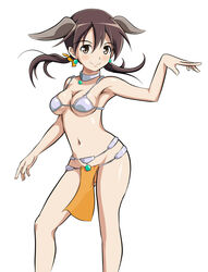  animal_ears armpits blush breasts brown_hair cleavage closed_mouth commentary_request cosplay dancer dancer&#039;s_costume_(dq) dog_ears dog_girl dragon_quest dragon_quest_iv feet_out_of_frame female gertrud_barkhorn groin loincloth looking_at_viewer manya_(dq4) manya_(dq4)_(cosplay) medium_breasts medium_hair monousa navel shiny_skin simple_background smile solo standing strike_witches twintails white_background world_witches_series 