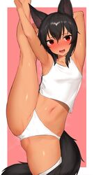  absurdres animal_ears arm_behind_head armpits bad_id bad_twitter_id black_hair blush breasts crop_top crop_top_overhang fangs female hair_between_eyes highres kneepits mathew_(srmmk_mce) midriff navel oerba_yun_fang open_mouth original panties red_eyes shirt skin_fang small_breasts solo split standing standing_on_one_leg standing_split tail underwear white_panties white_shirt 