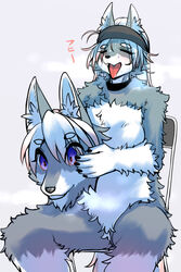  2:3 5_fingers accessory anthro bodily_fluids breasts canid canine canis chair claws closed_eyes clothed clothing costume digital_media_(artwork) fangs female female_anthro fingers fur furniture furry_wearing_fursuit fursuit grey_body grey_fur hair headband hi_res imposter_suit inner_ear_fluff kemono long_hair mammal mascot okami_bark on_chair ookamiwaho open_mouth simple_background sitting sitting_on_chair solo spread_legs spreading sweat teeth tongue tongue_out tuft white_body white_fur white_hair wolf 