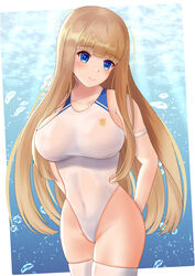  absurdres azur_lane blonde_hair blue_eyes breasts clothing_cutout competition_swimsuit female highleg highleg_swimsuit highres icarus_(azur_lane) icarus_(nereid&#039;s_discovery)_(azur_lane) impossible_clothes impossible_swimsuit large_breasts official_alternate_costume one-piece_swimsuit pinesphere royal_navy_emblem_(azur_lane) side_cutout solo swimsuit thighhighs underwater white_one-piece_swimsuit white_thighhighs 